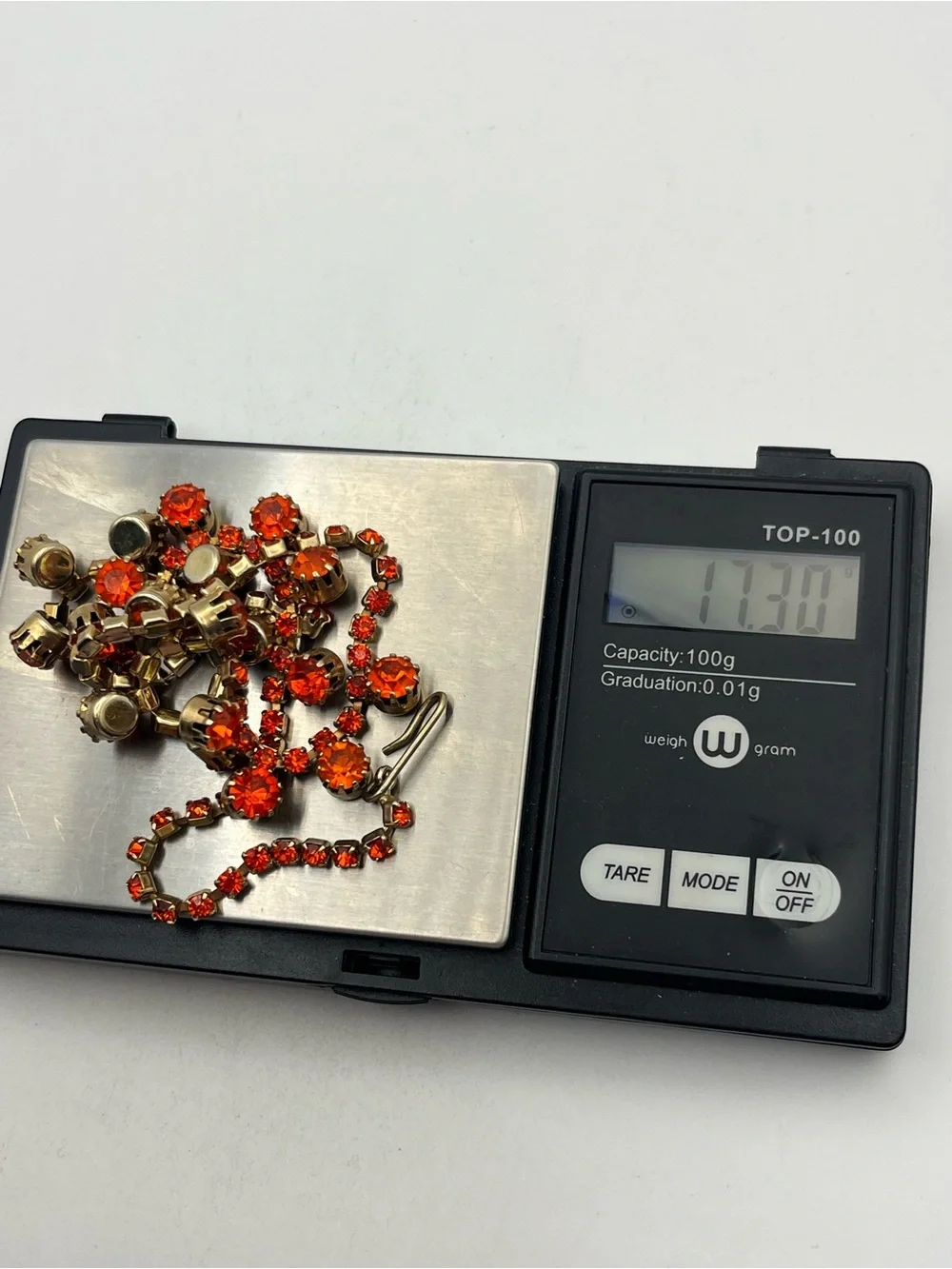 Orange rhinestone tennis necklace gold tone vintage sparkly
